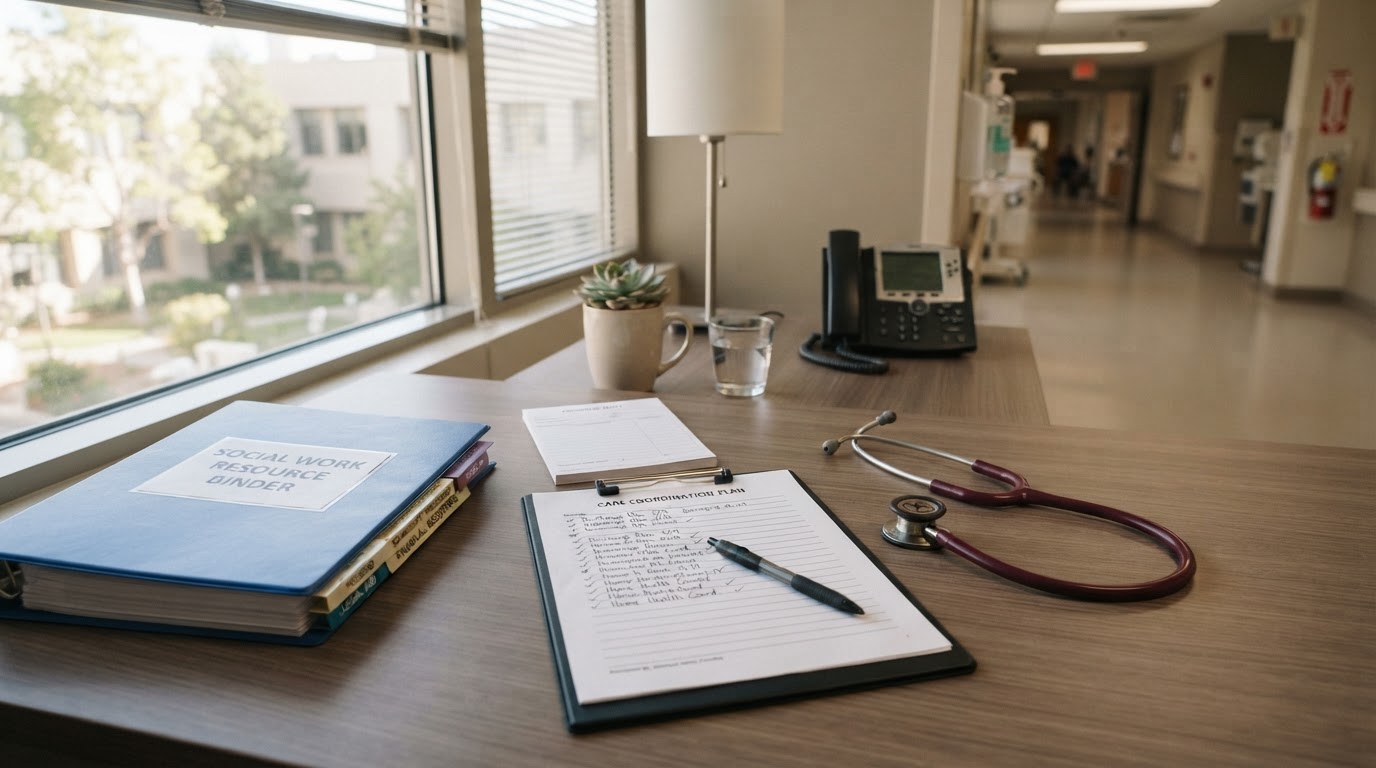 Close-up of a clinical desk with a care plan, discharge paperwork, and a stethoscope, no people.