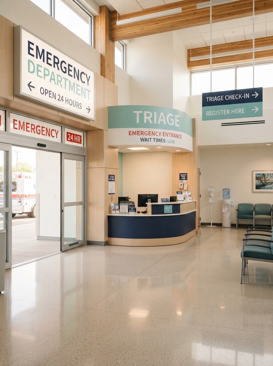 Bright hospital emergency department entrance and triage signage area with warm natural daylight, no people.