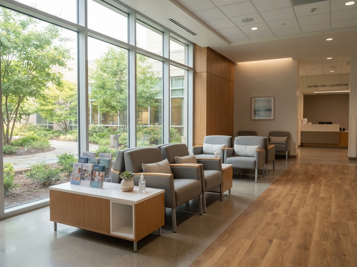 A quiet, welcoming hospital family waiting lounge with warm natural light.
