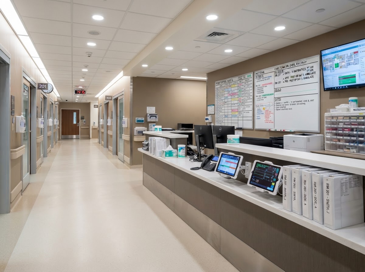 A hospital care coordination station and planning center.