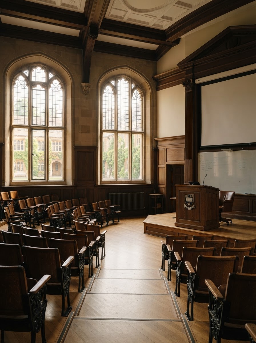 An elegant, people-free university lecture hall with rows of empty seats and warm daylight, no people.