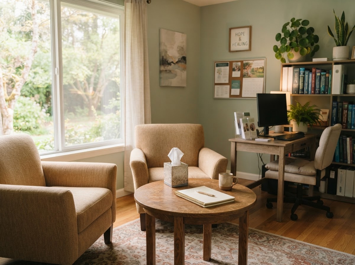 Quiet and compassionate healthcare consultation room with comfortable seating and natural daylight.