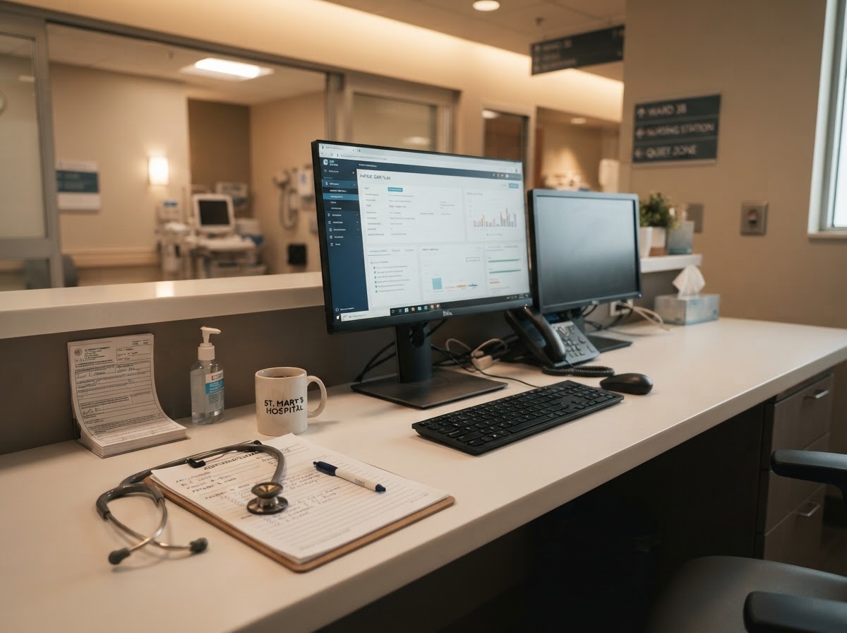 Hospital clinical workstation with medical charts, computer monitors, and diagnostic resources.
