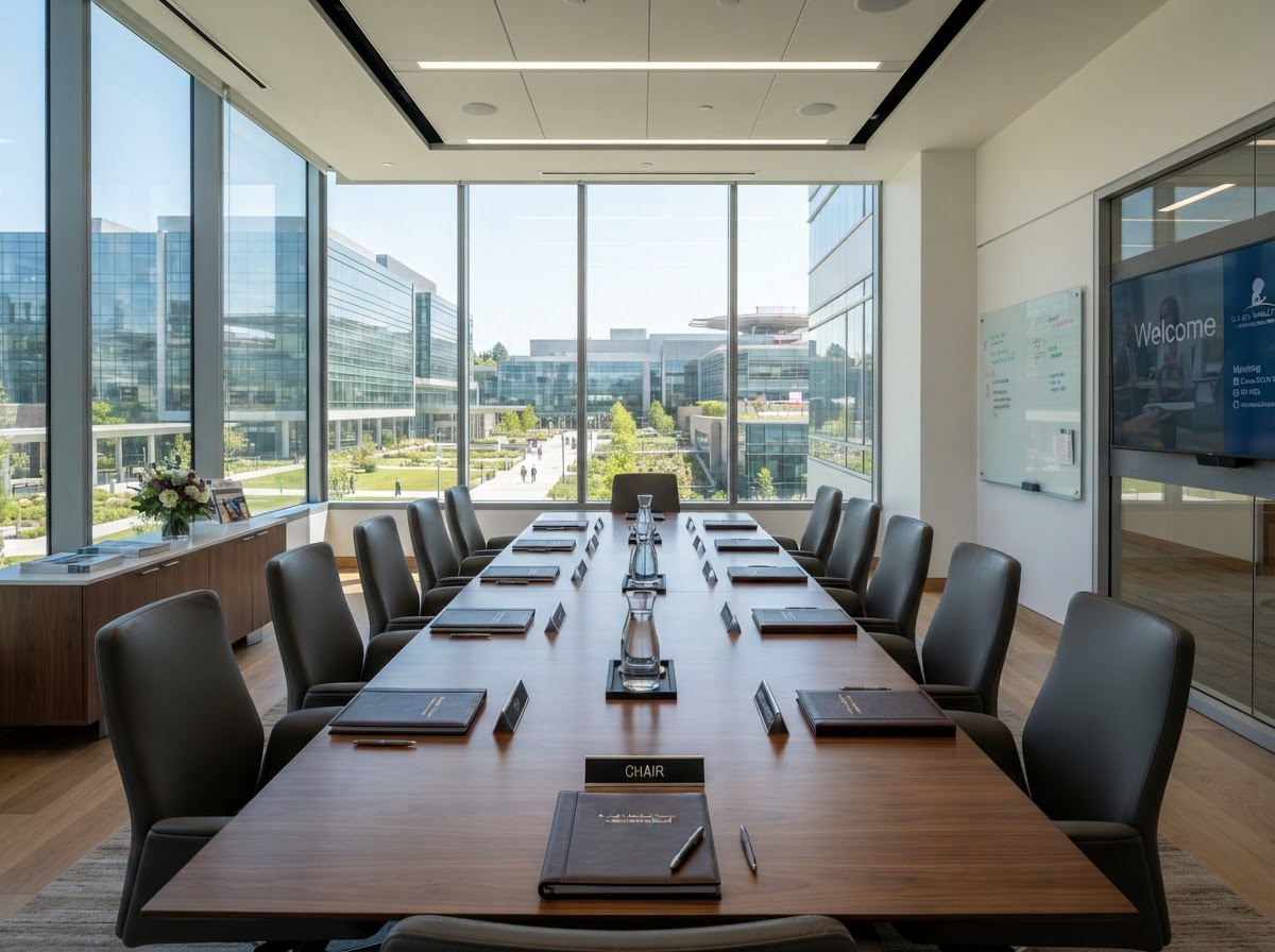 Modern healthcare administrative conference room overlooking the medical campus.