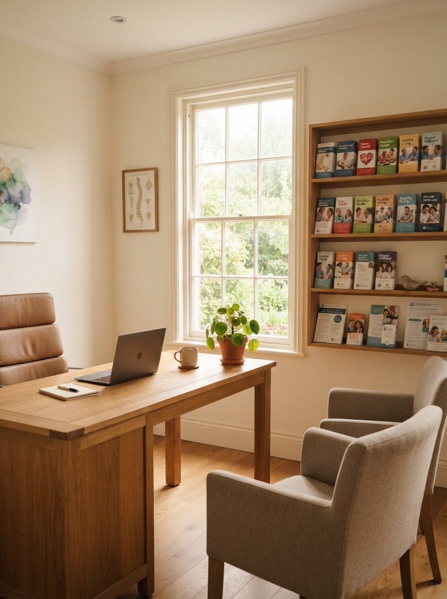 A warm, people-free healthcare consultation office with a tidy desk and patient resource pamphlets, soft natural daylight.