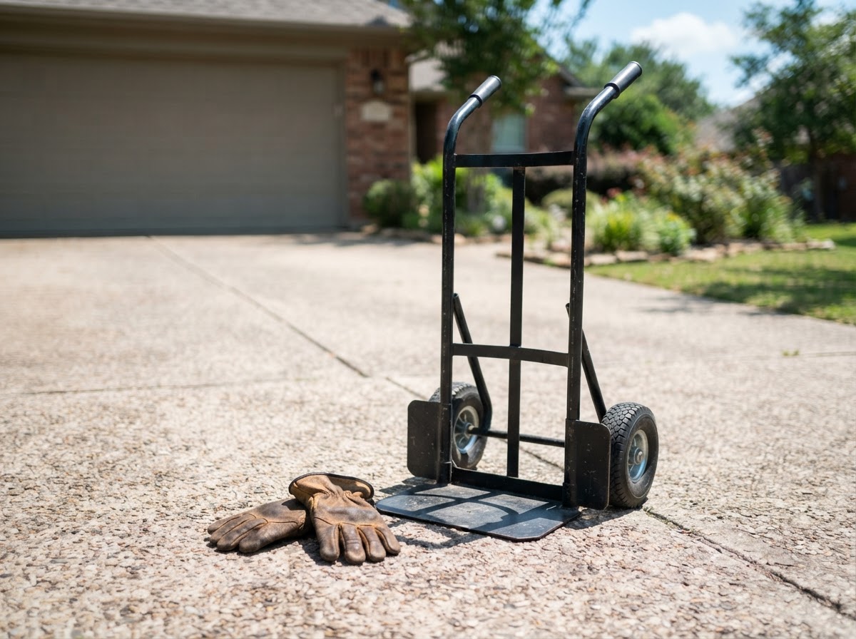 A hand truck and work gloves set on a driveway