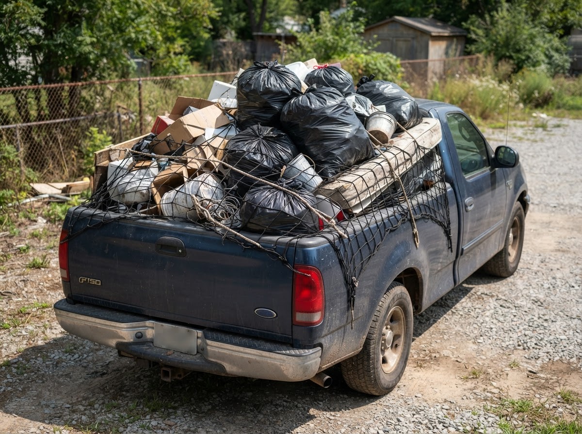 Loaded pickup truck bed full of tied trash bags and junk