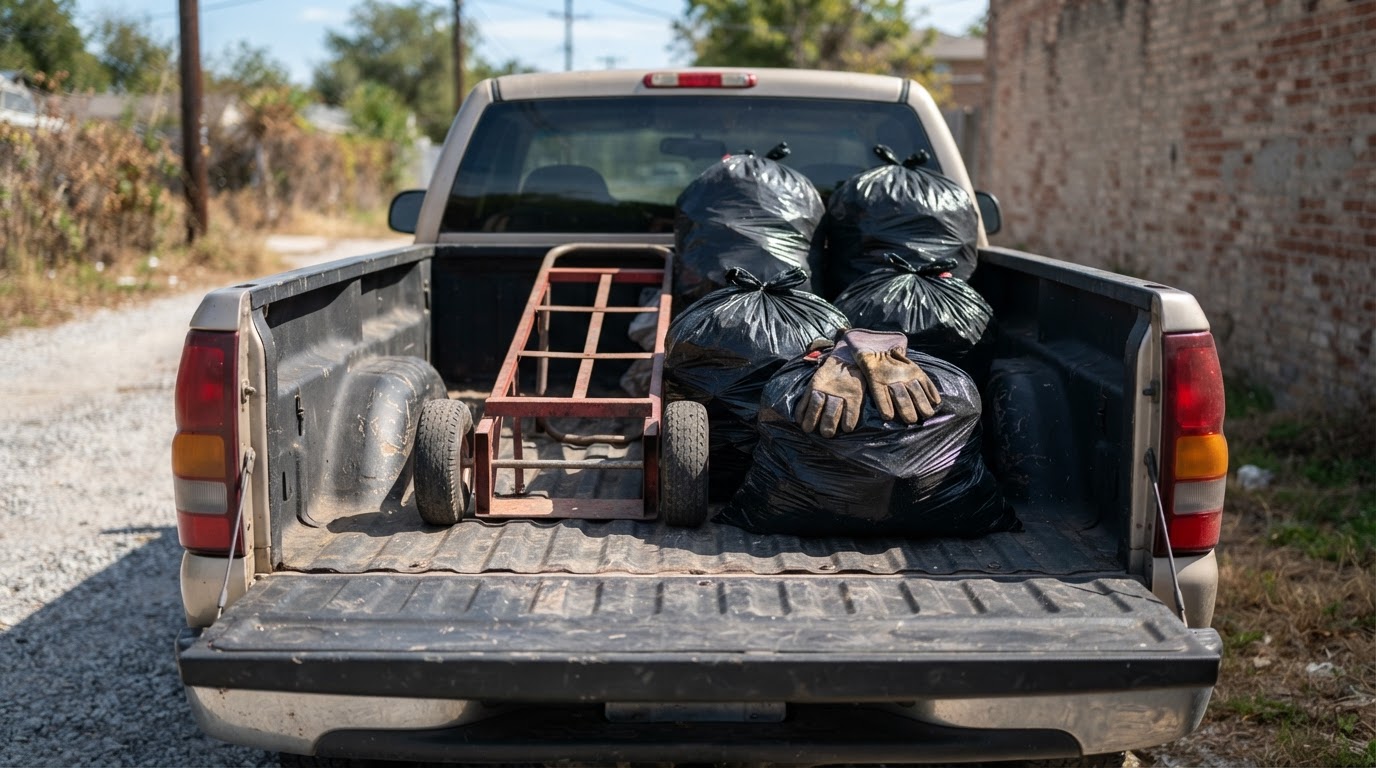 Hand truck, tied trash bags, and work gloves in a truck bed