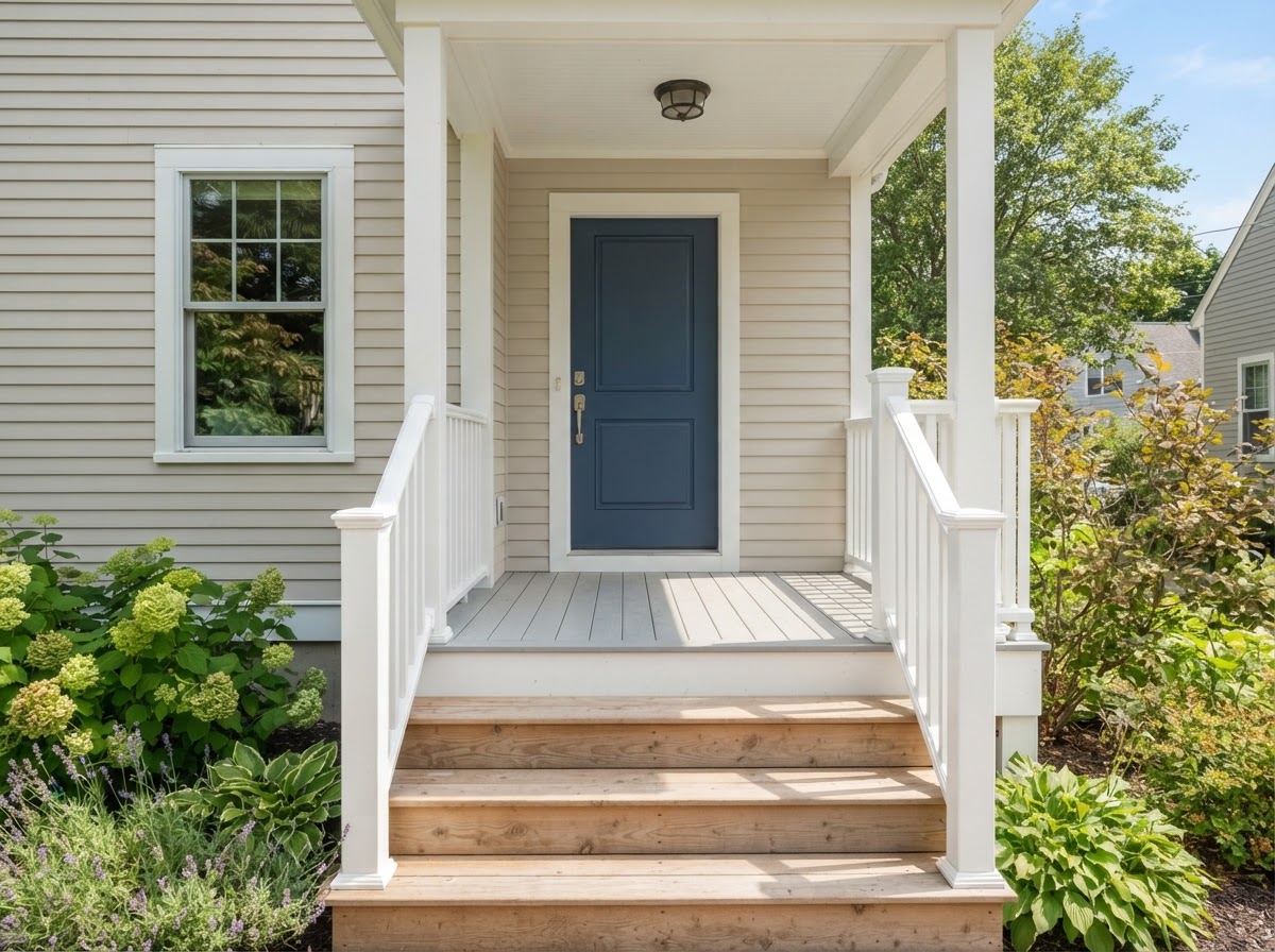 Swept clean residential porch with bare steps