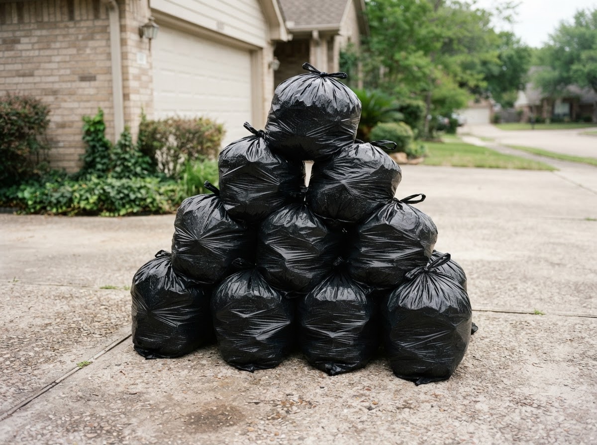 Neat stack of tied black trash bags on a driveway ready for haul away