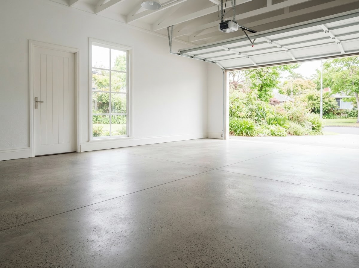Clean empty garage floor swept bare after a clean-out