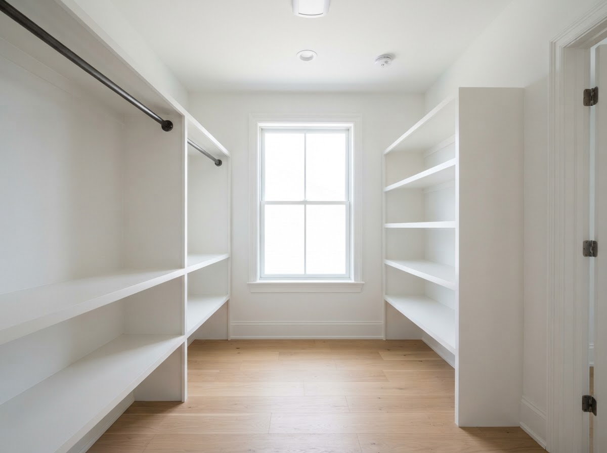 Emptied closet with bare shelves and rod after a clean-out