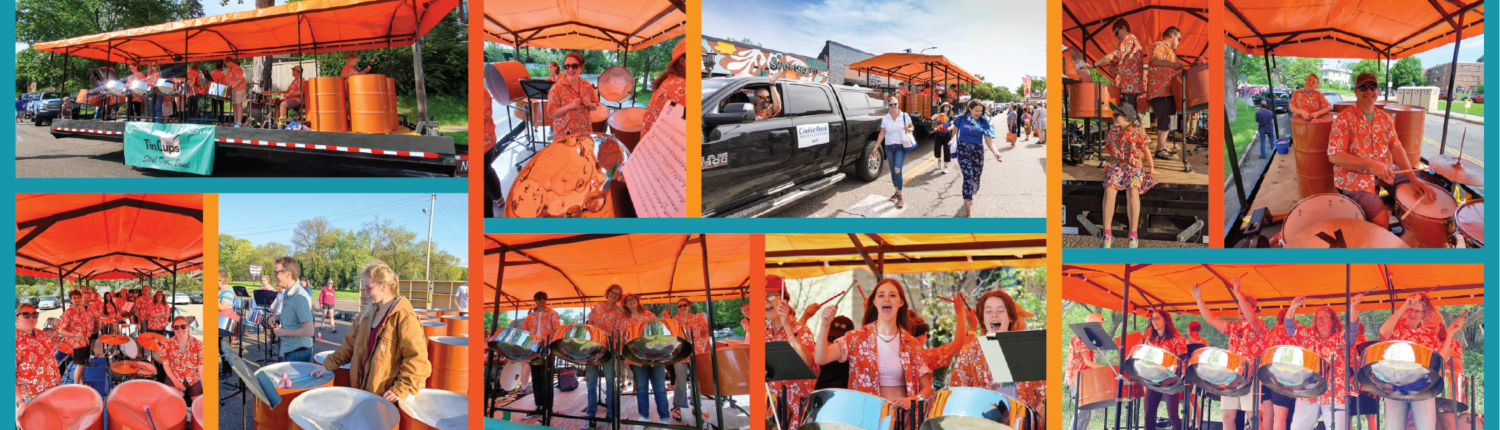 Tin Cups Steel Drum Band performing on their parade trailer float in Twin Cities