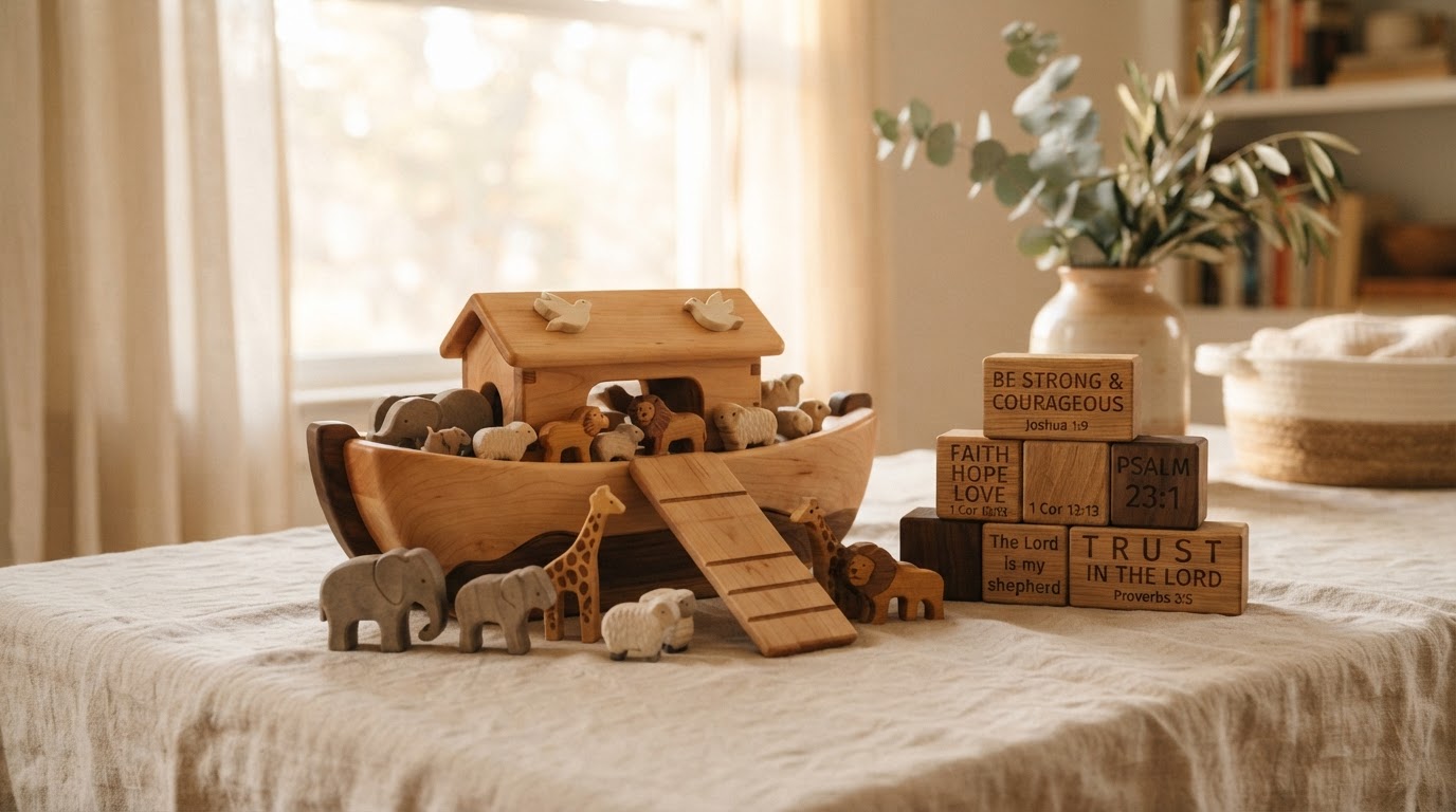 Handcrafted wooden toys on linen with soft window light
