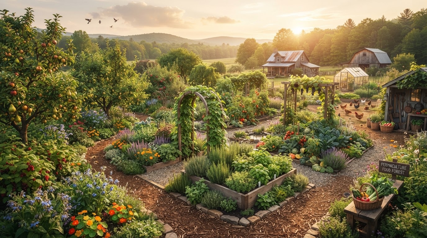 A thriving permaculture food forest with layered polyculture at golden hour
