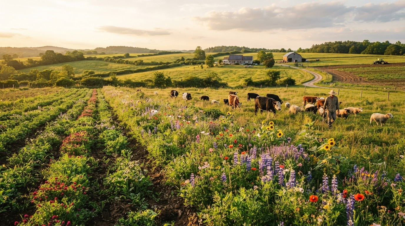 A regenerative farm field with diverse cover crops and pollinator strips