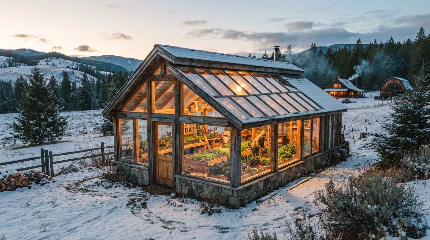 A passive solar greenhouse catching low winter sun on an off-grid homestead