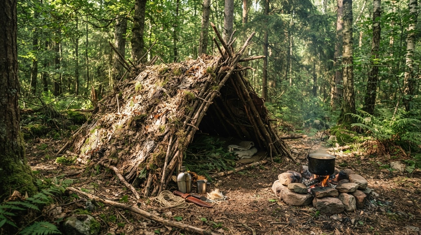 A debris-hut survival shelter with a small fire ring in the forest