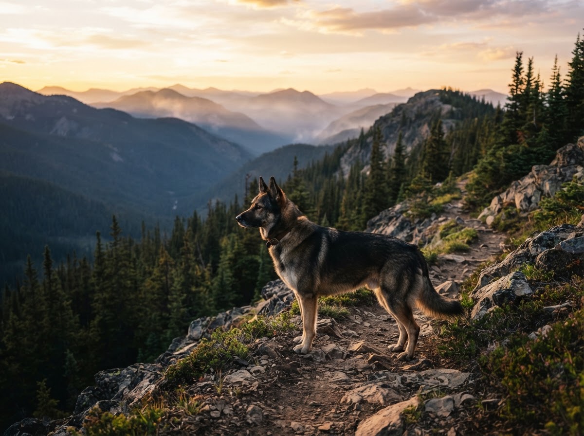 River, a husky-shepherd mix, on a mountain wilderness trail