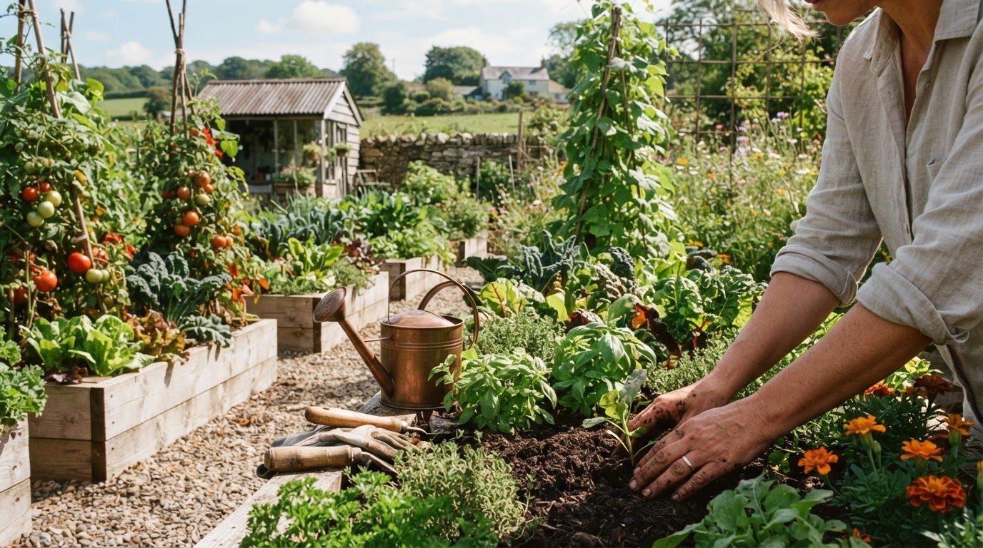 An organic kitchen garden with raised timber beds full of greens and herbs