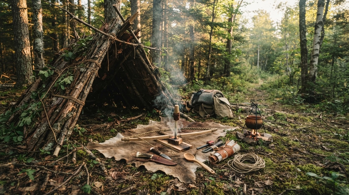 A bow-drill friction fire kit with carved wooden tools and natural cordage