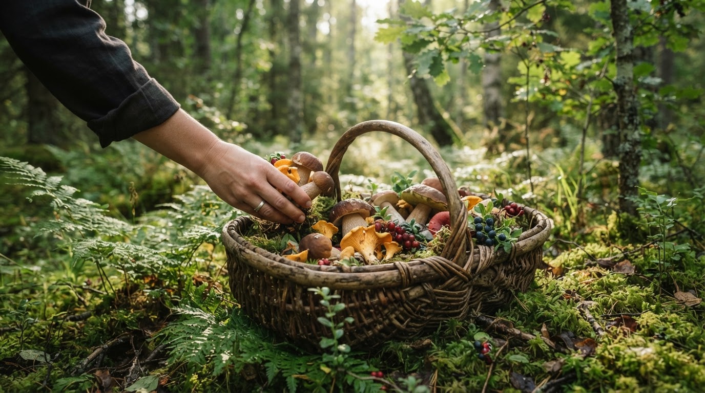 Wild foraged mushrooms and berries in a wooden basket in dappled forest light