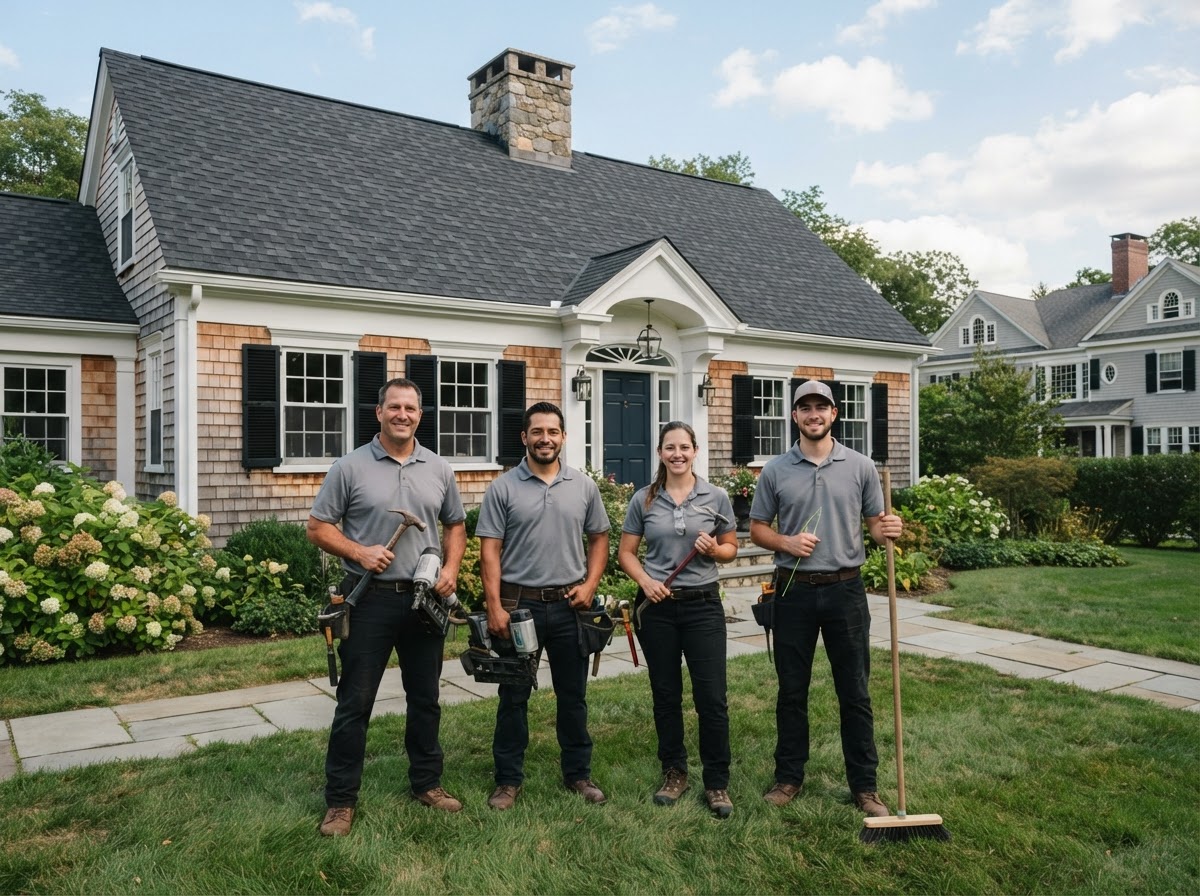 Best Home Restorations roofing crew in front of a restored Connecticut home