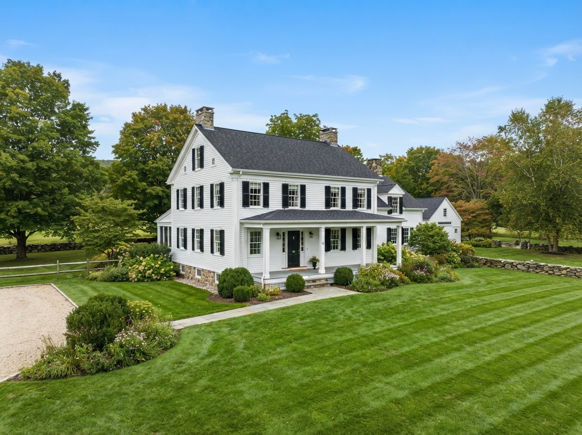 Restored white Connecticut farmhouse with dark roof and black shutters