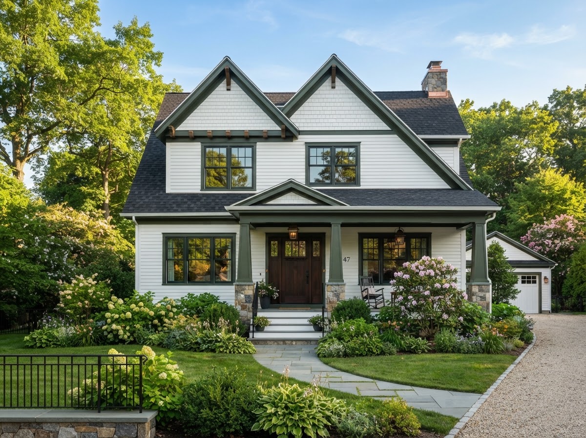 Immaculate Connecticut residential home with new architectural roof shingles, clean siding, and gutters