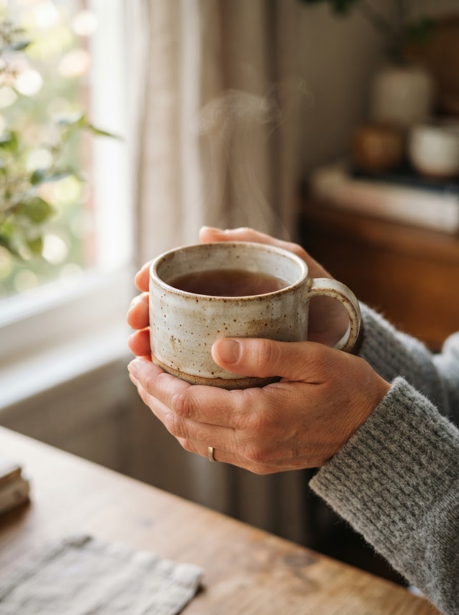 Close-up of hands gently holding a warm stoneware cup of tea in soft window light