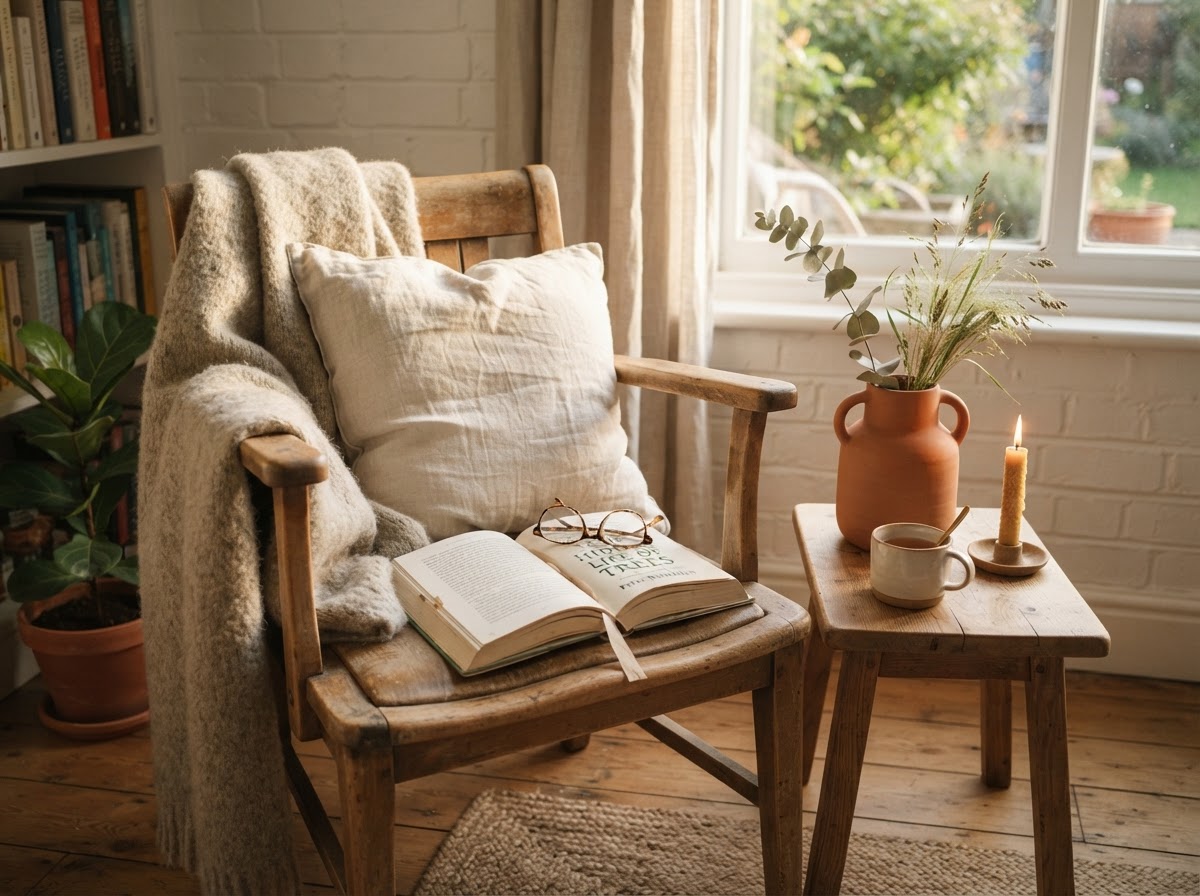 A quiet reading corner with a soft oat-coloured blanket, an open book and gentle afternoon light