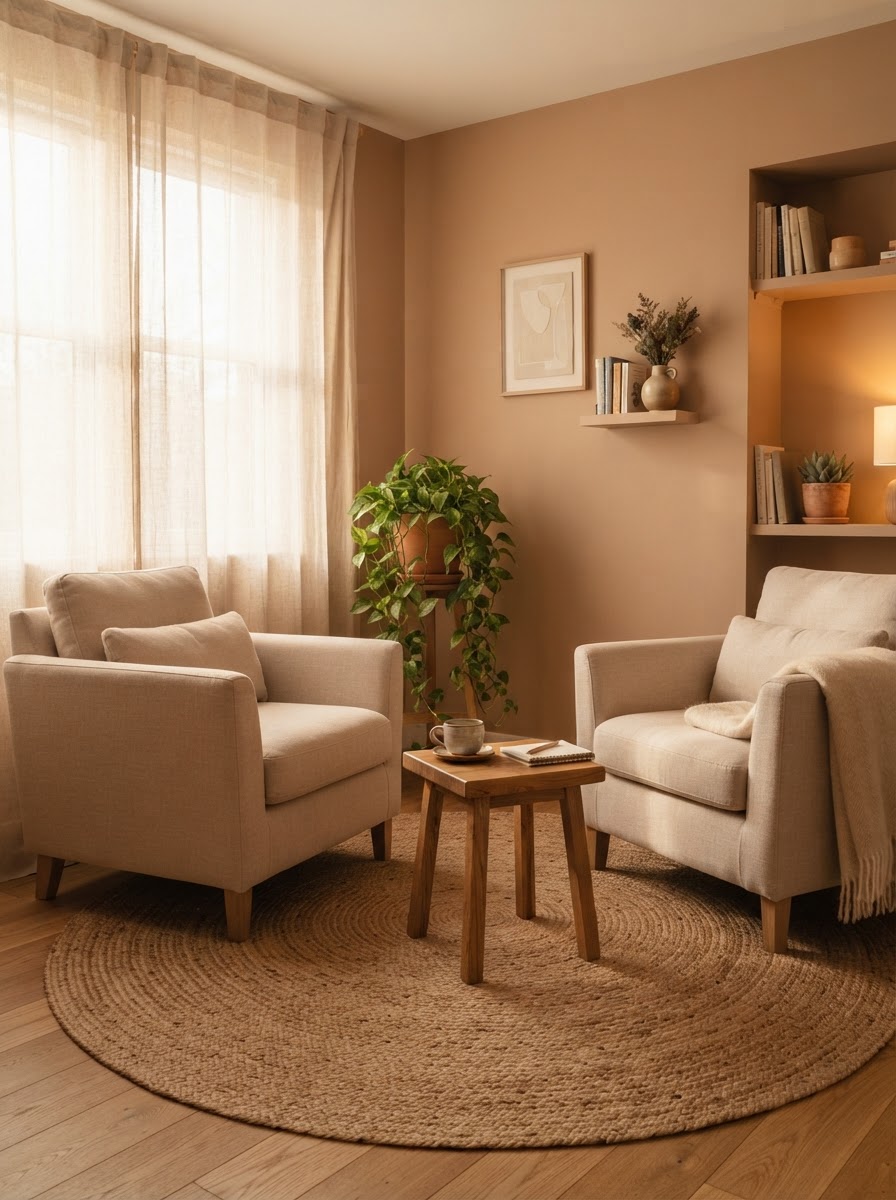 A calm therapy room in Marylebone with two linen armchairs, a low table and soft morning light through sheer curtains