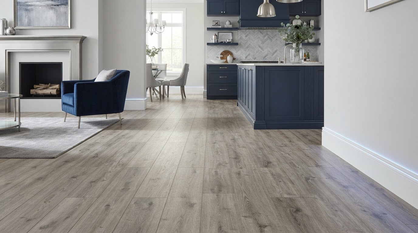 Worn existing flooring before a luxury vinyl plank replacement in a Loxahatchee-area home