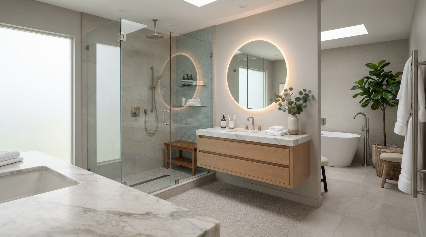 Bathroom remodeling and renovations near Loxahatchee showing updated floor tile, shower finishes, and a coordinated vanity