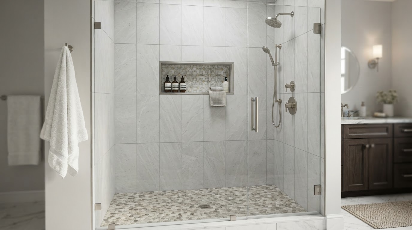 Custom tile shower with large-format wall tile and mosaic floor tile in a residential bathroom near Loxahatchee, Florida