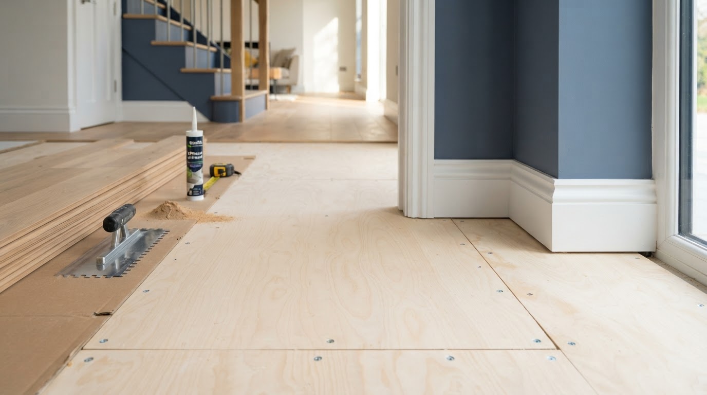 Floor surface being evaluated and prepared before new flooring installation in a Loxahatchee, Florida home