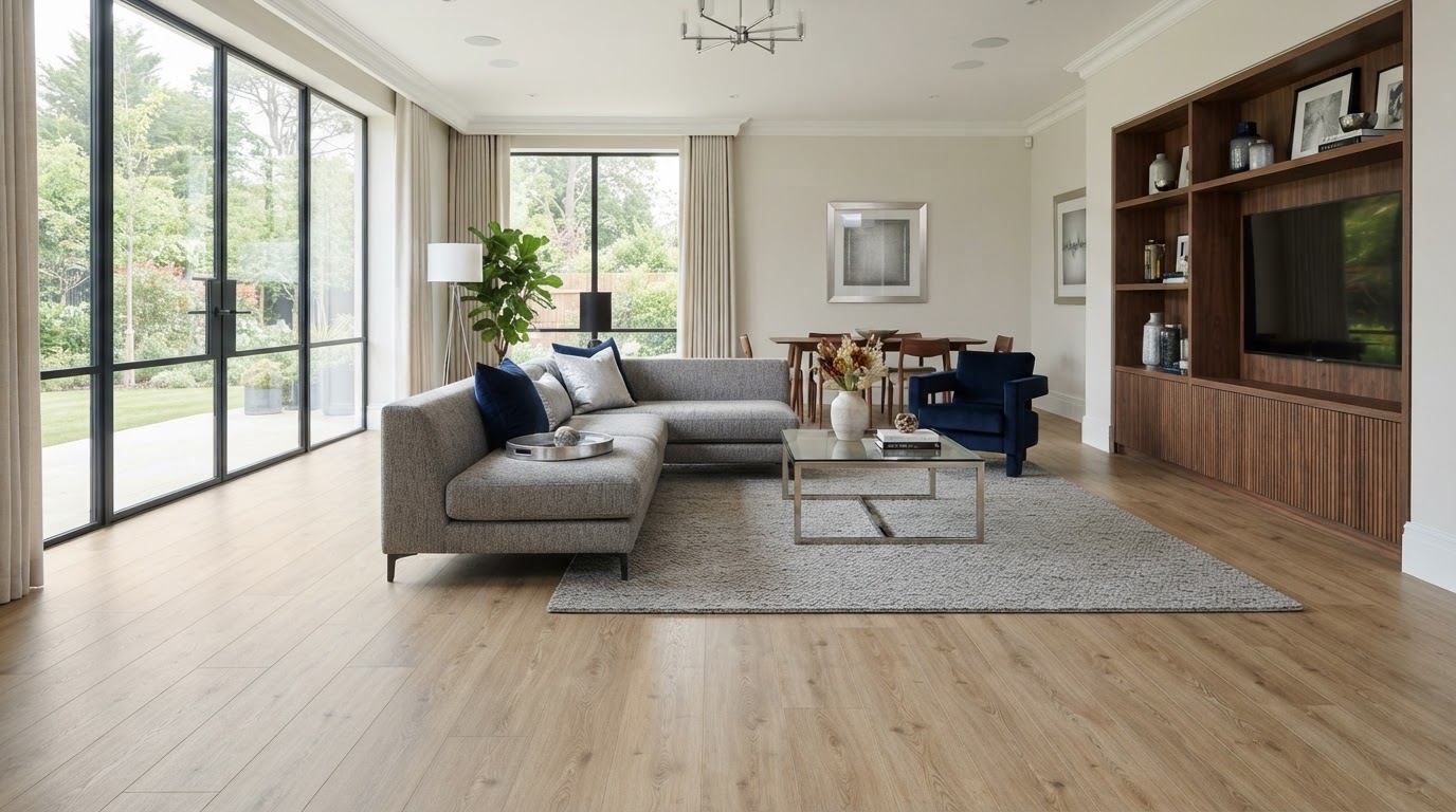 Finished residential interior with new wide-plank flooring installation serving homeowners in Loxahatchee, Florida