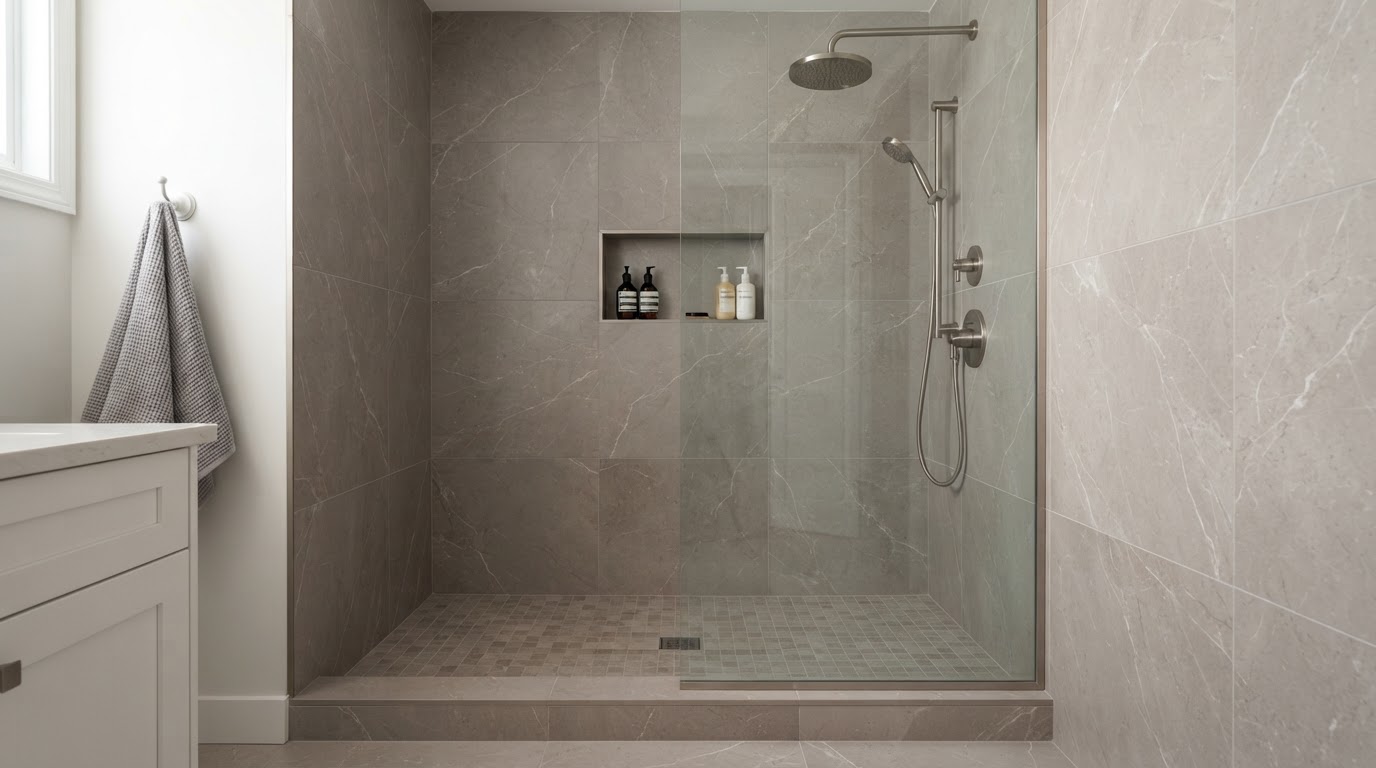 Modern tiled walk-in shower remodel with frameless glass and porcelain tile serving Loxahatchee, Florida