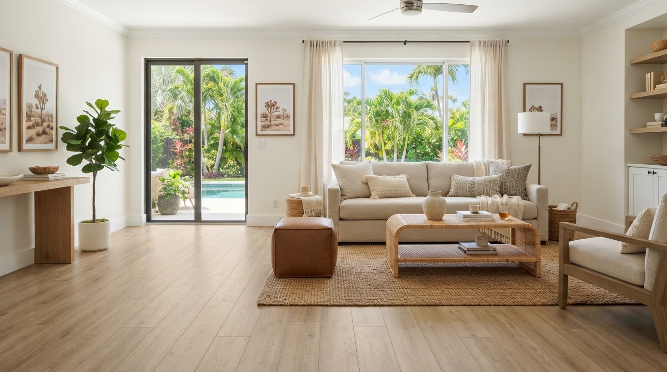 Residential interior with new luxury vinyl plank flooring replacing older flooring, serving Palm Springs, Florida