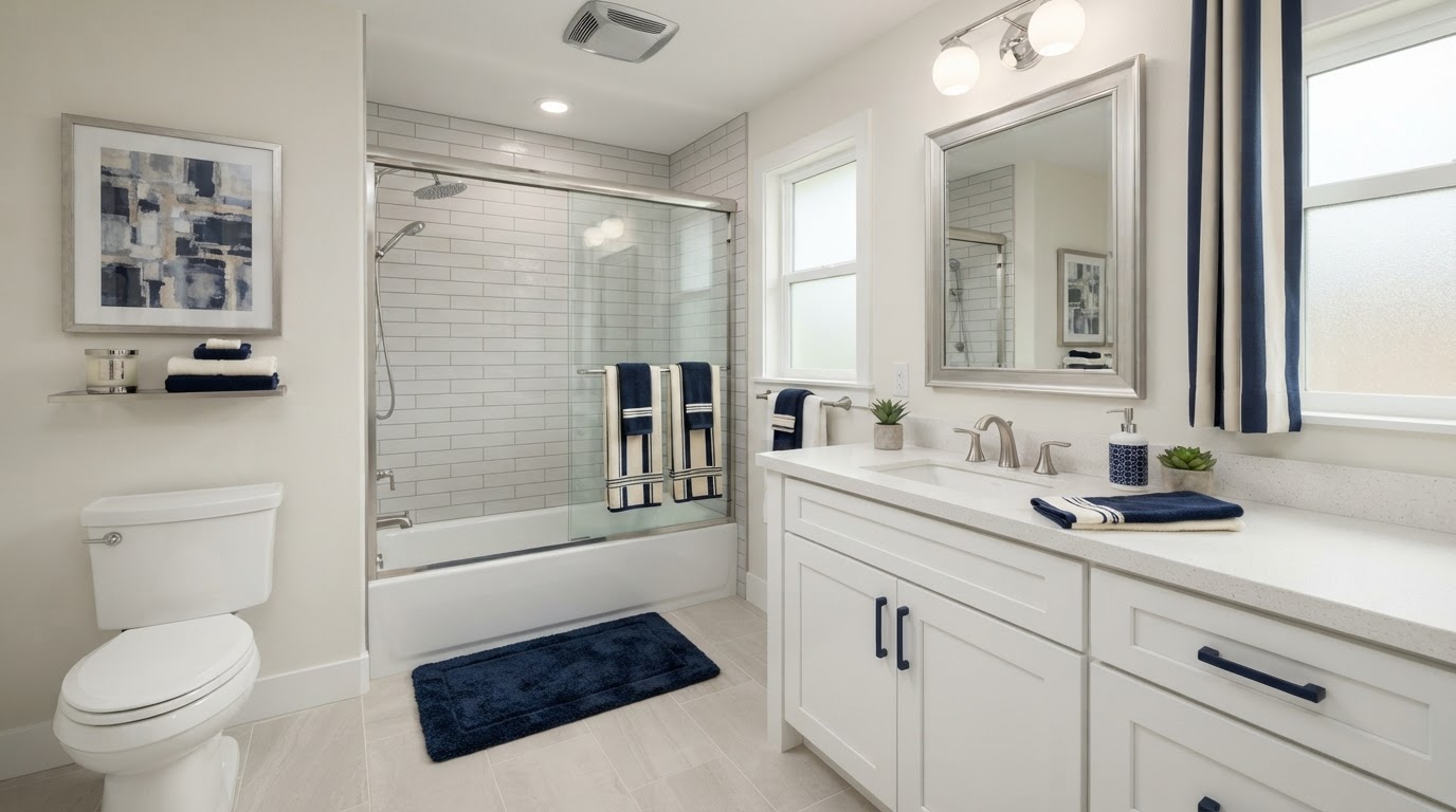Polished guest bathroom with coordinated shower, vanity, tile and flooring near Loxahatchee, Florida