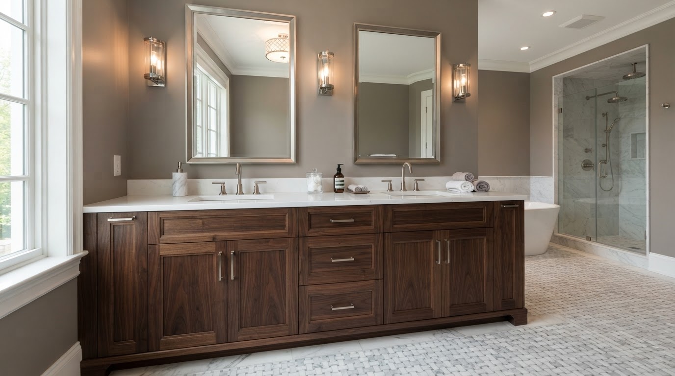 Bathroom vanity with coordinated countertop, flooring and wall finishes in a residential bathroom near Loxahatchee, Florida
