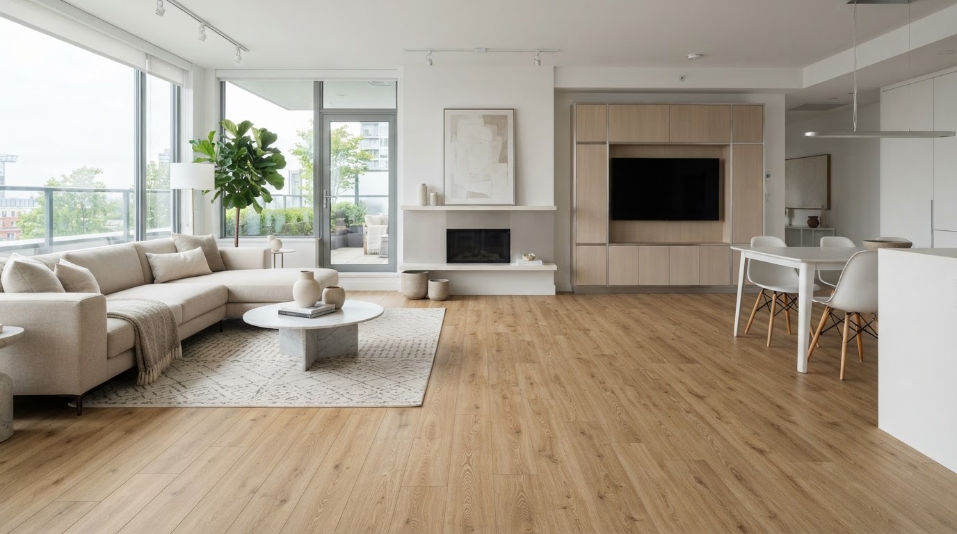 Laminate flooring installation in Loxahatchee showing modern wood-look laminate planks across a connected living space