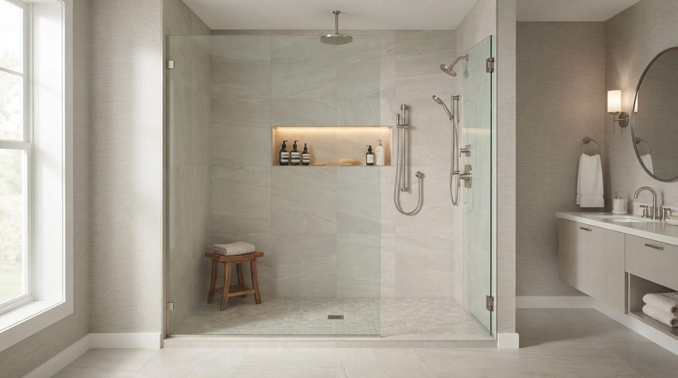 Walk-in shower remodeling and tile installation in Loxahatchee showing finished shower wall tile, floor tile, and a clean glass enclosure