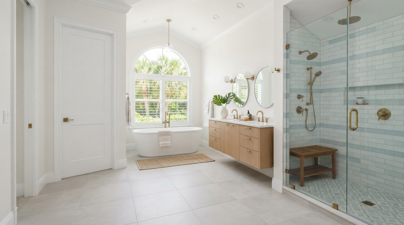 Remodeled residential bathroom with custom tile shower, vanity, new flooring, trim and interior doors, serving Tequesta, Florida