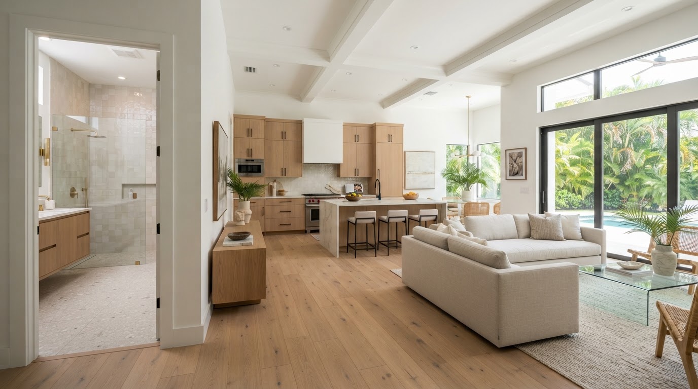 Sophisticated remodeled residential interior with coordinated flooring, kitchen cabinetry and bathroom tile, serving Jupiter, Florida