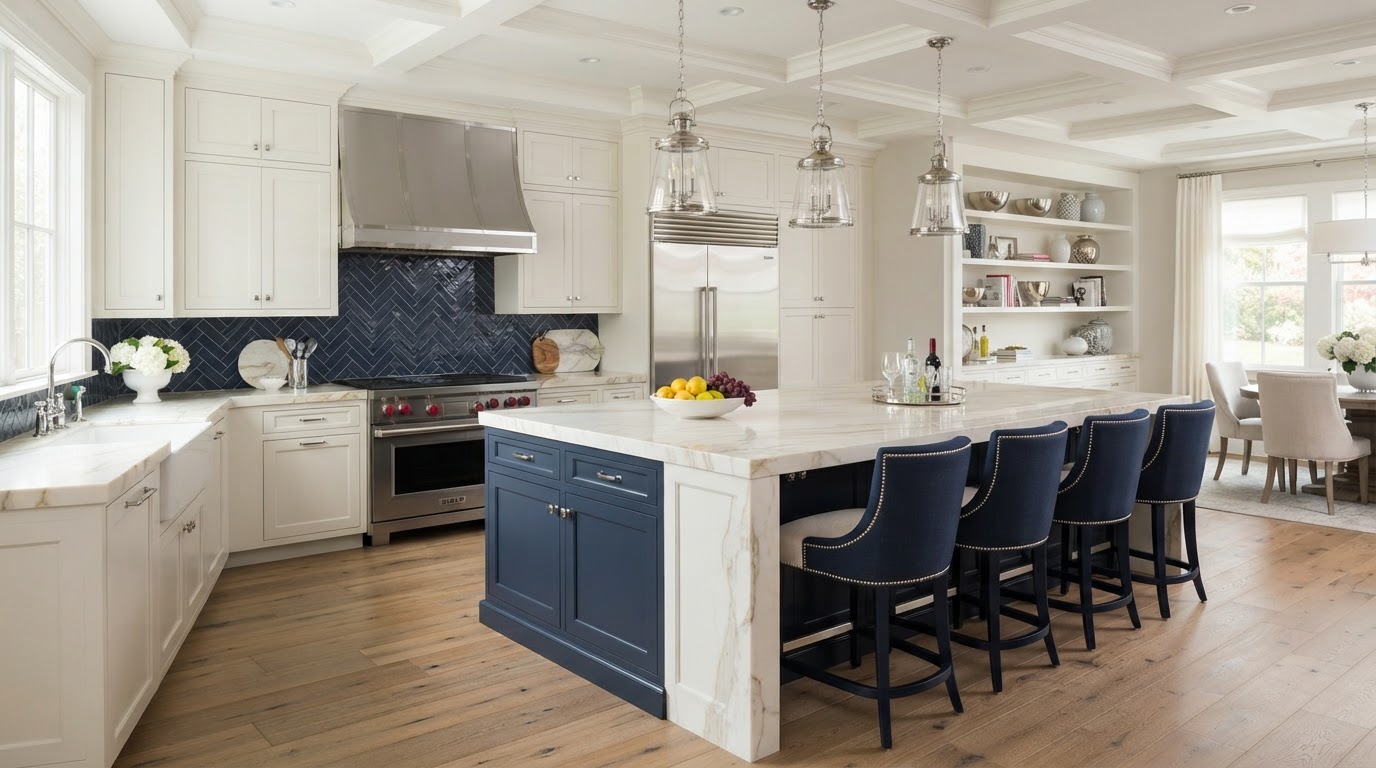 Kitchen island with cabinetry, countertop and surrounding flooring near Loxahatchee, Florida