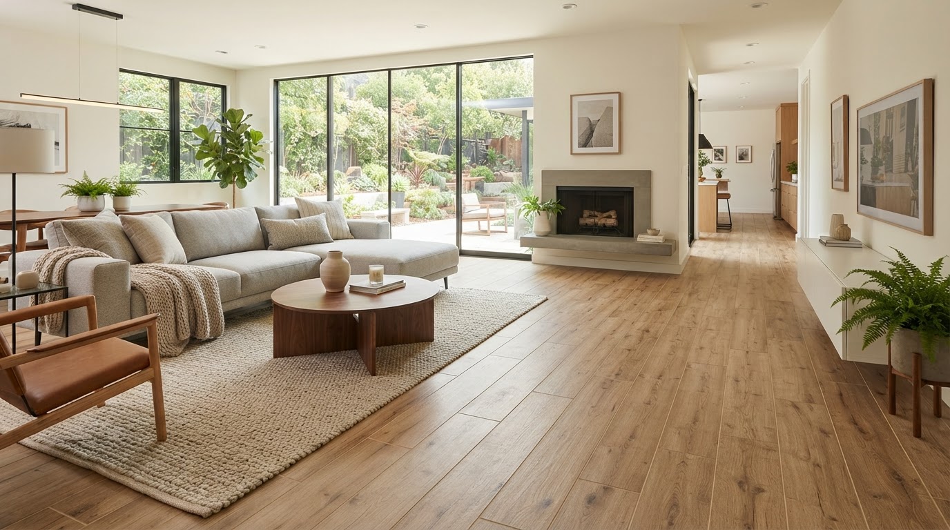 Wood-look plank tile flooring with wood-grain visual and grout lines in a residential interior near Loxahatchee, Florida