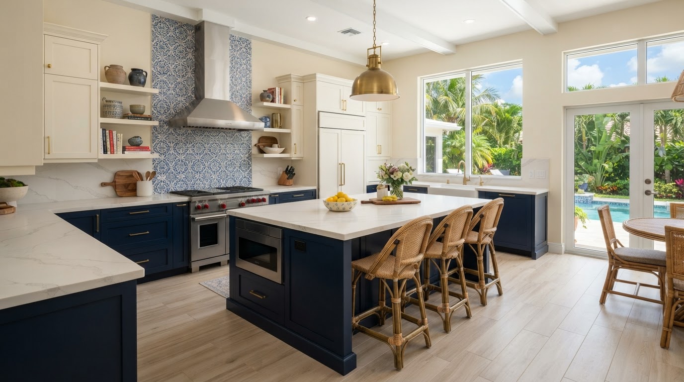 Remodeled kitchen interior with new cabinetry, countertops, backsplash, and flooring, serving West Palm Beach, Florida