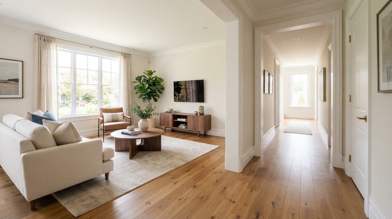 Residential living room with engineered hardwood flooring flowing into a hallway with elegant trim and interior doors, serving Golf, Florida