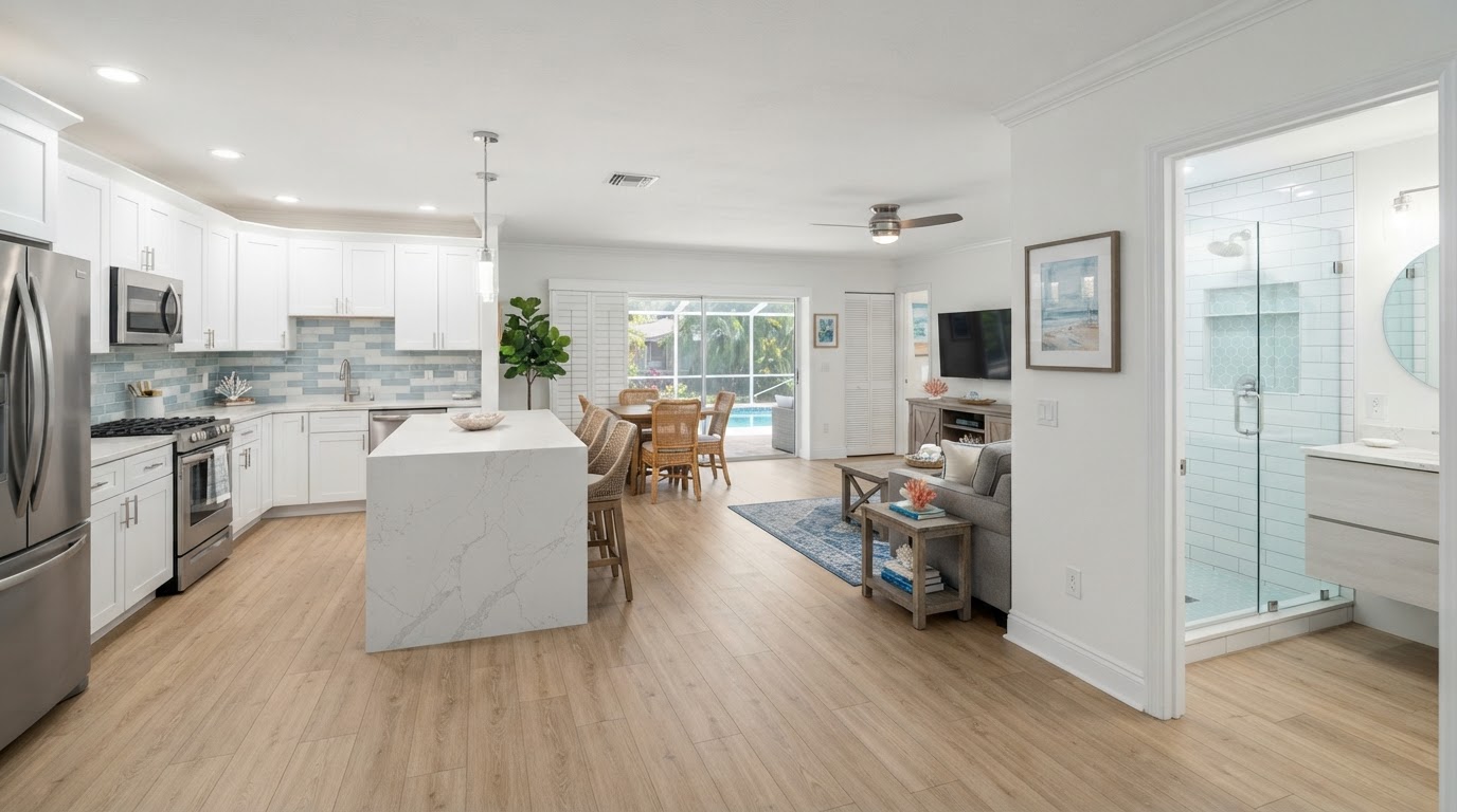 Remodeled residential interior with new LVP flooring, updated kitchen countertops and backsplash, serving Hypoluxo, Florida
